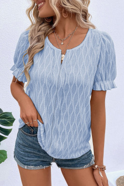 Beau Blue Solid Color Textured Notched Neck Puff Sleeve Blouse