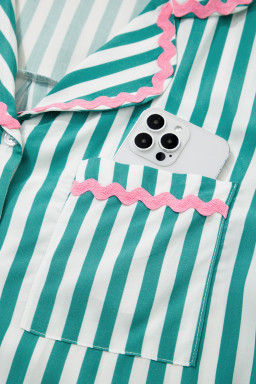 Green Stripe Contrast Ricrac Trim Long Sleeve Shirt Drawstring Ruffled Pajama Short Set