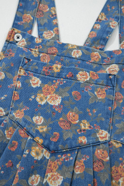 Blue Vintage Rose Printed Pleated Loose Denim Overall Jumpsuit