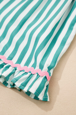 Green Stripe Contrast Ricrac Trim Long Sleeve Shirt Drawstring Ruffled Pajama Short Set