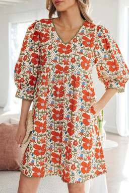Red Floral Print Ricrac Trim V Neck 3/4 Sleeve Loose Mini Dress