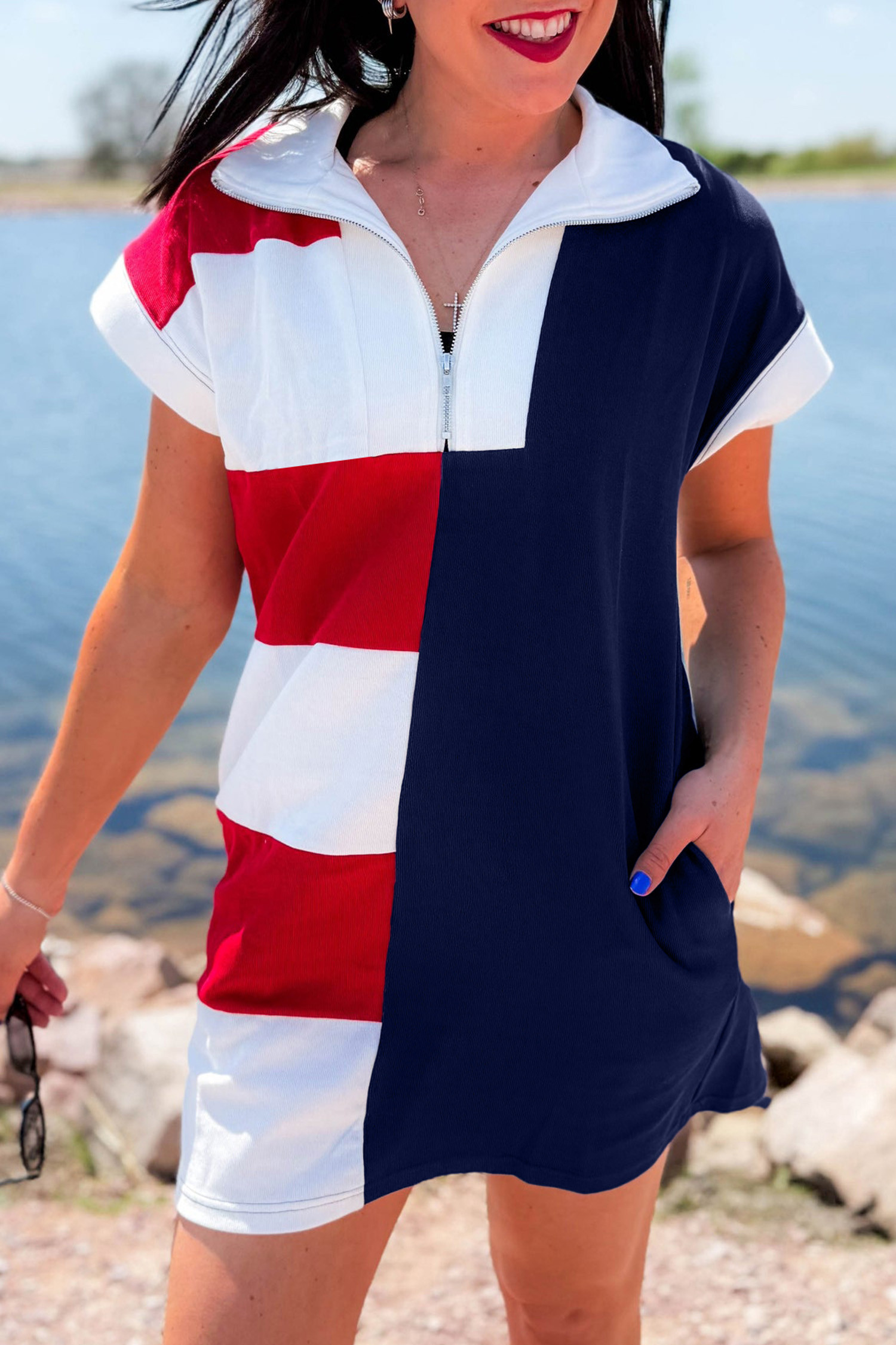 Navy Blue Americana Colorblock Stripes Zip up Collared T Shirt Mini Dress