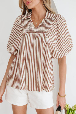 Brown Stripe Shirred V Neck Short Puff Sleeve Blouse