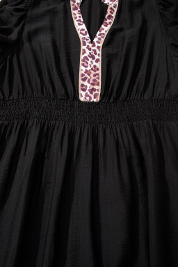 Black Leopard V Neck Patchwork Smocked Waist Plus Size Ruffled Dress