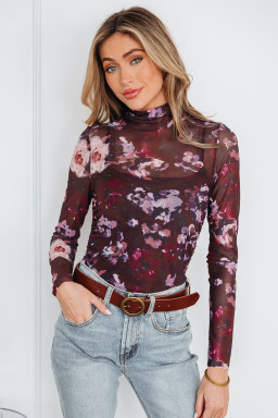 Brown High Neck Ruched Floral Mesh Top