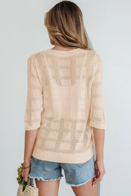 Apricot Plaid Pattern Crochet Knit Short Sleeve Sweater