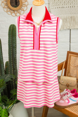 Sachet Pink Textured Stripe Print Contrast Trim Zip Collar Sleeveless 2pcs Skort Set