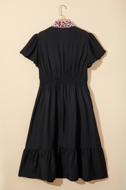 Black Leopard V Neck Patchwork Smocked Waist Plus Size Ruffled Dress