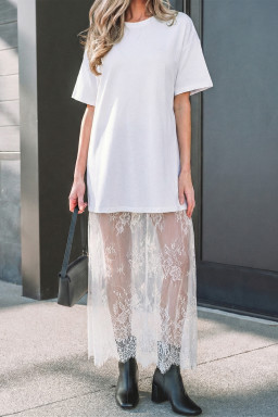 White Floral Patchwork Short Sleeve T Shirt Loose Maxi Dress