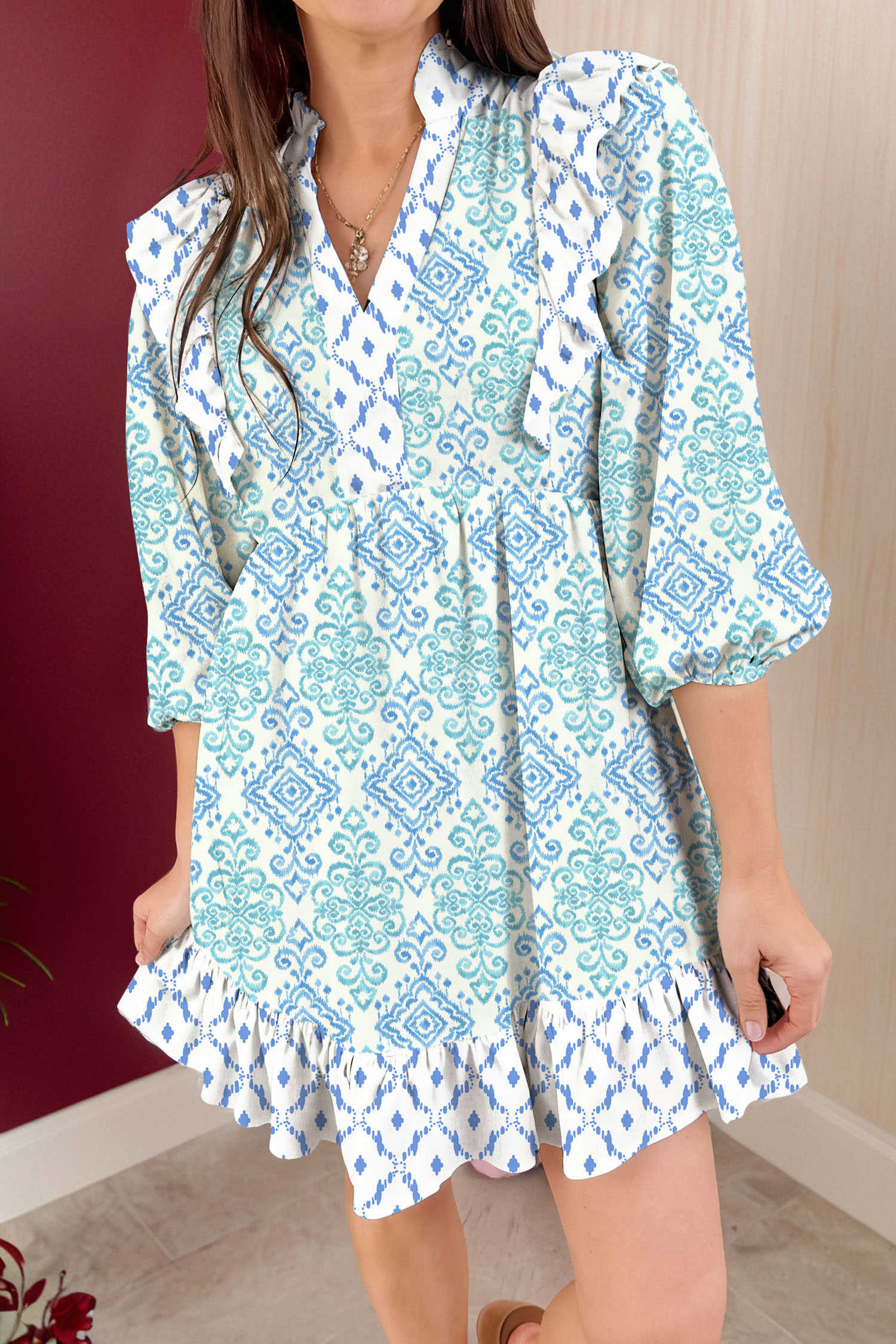 Sky Blue Boho Floral Geometric Patchwork Ruffle Detail Puff Sleeve Mini Dress