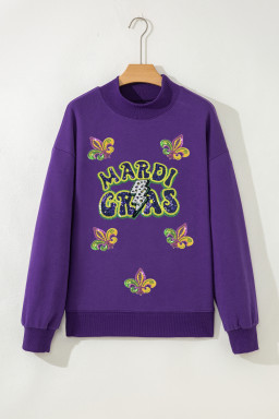 Tillandsia Purple MARDI GRAS Leopard Lightning Sequin Graphic Mock Neck Sweatshirt
