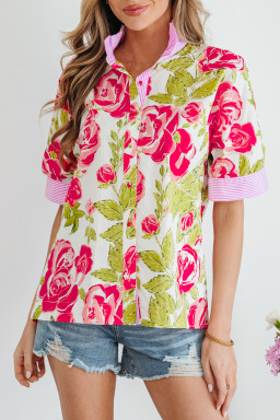 Pink Flower Print Striped Trim Frilled Collar Short Sleeve Shirt