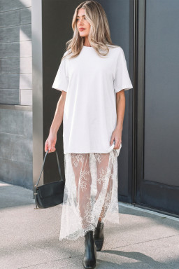 White Floral Patchwork Short Sleeve T Shirt Loose Maxi Dress