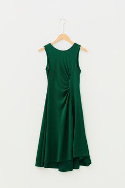 Blackish Green Solid Color Round Neck Ruched Detail Sleeveless Mini Dress