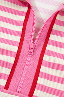 Sachet Pink Textured Stripe Print Contrast Trim Zip Collar Sleeveless 2pcs Skort Set