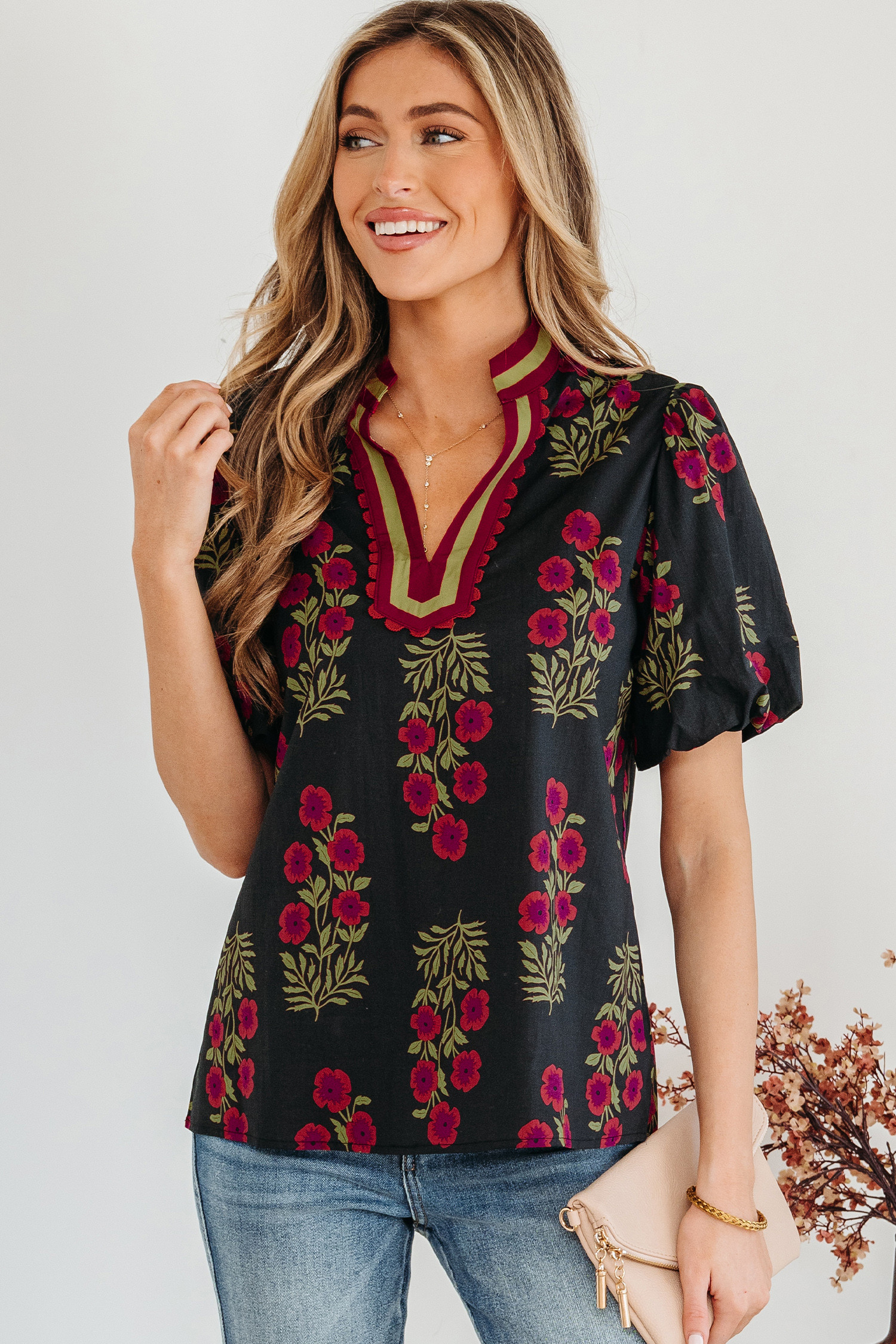 Black Floral Short Bubble Sleeve Contrast Slit Neckline Blouse