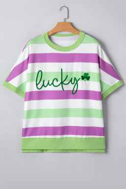Green Stripe Lucky Clover Embroidered Graphic Dolman Loose Tee