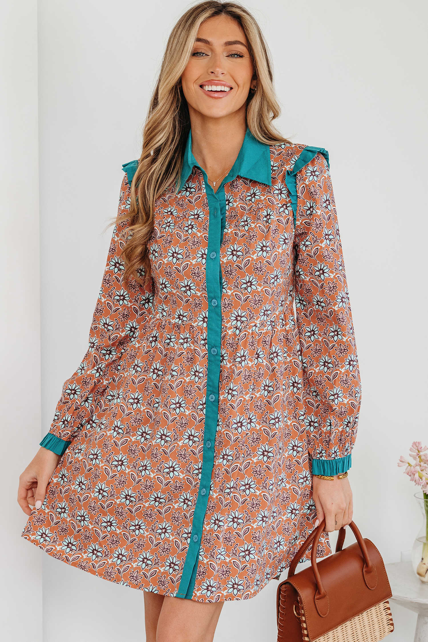 Orange Boho Floral Contrast Collared Shirt Mini Dress