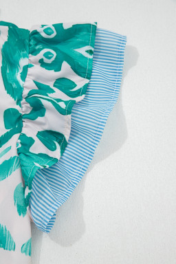 Sky Blue Ethnic Print Striped Trim Flutter Sleeve Top