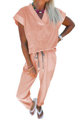 Apricot Pink Solid Color V Neck Tee Drawstring Pant Set