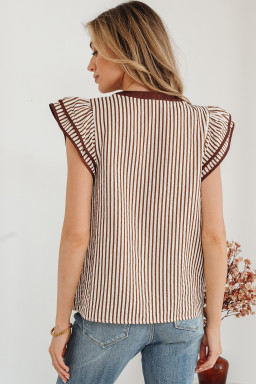 Khaki Stripe Double Ruffled Short Sleeve V Neck Blouse
