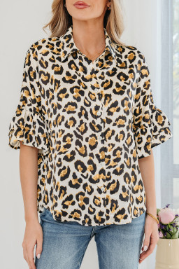 Khaki Leopard Print Ruffle Trim 3/4 Sleeve Loose Shirt
