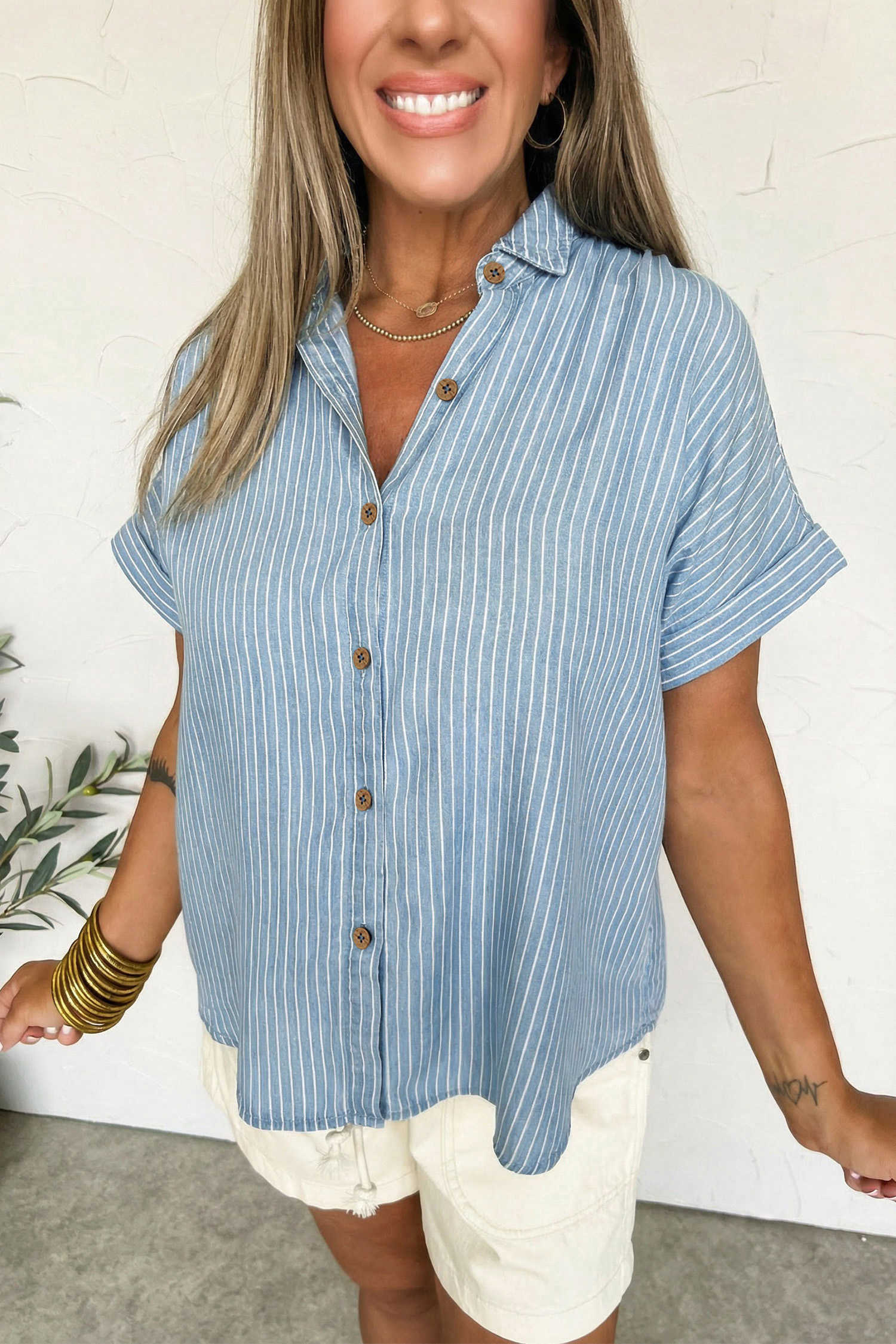 Sky Blue Stripe Cuffed Short Sleeve Button up Loose Shirt
