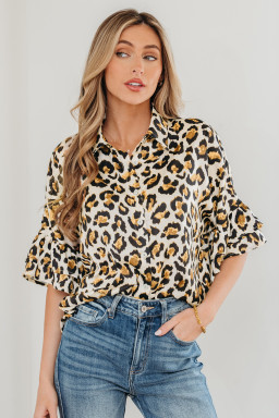 Khaki Leopard Print Ruffle Trim 3/4 Sleeve Loose Shirt