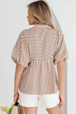 Brown Stripe Shirred V Neck Short Puff Sleeve Blouse
