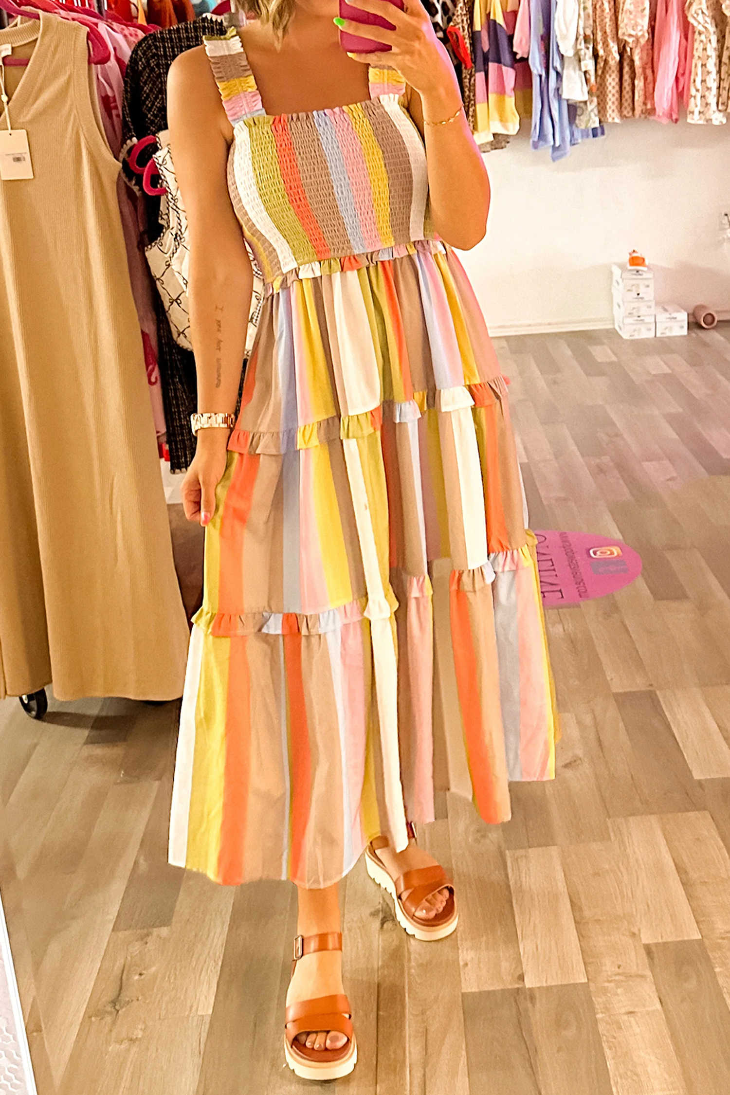 Green Striped Print Shirred Frilly Tiered Maxi Dress