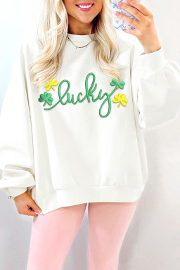 White lucky Clover 3D Puff Embroidered Pullover Sweatshirt