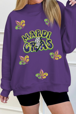 Tillandsia Purple MARDI GRAS Leopard Lightning Sequin Graphic Mock Neck Sweatshirt