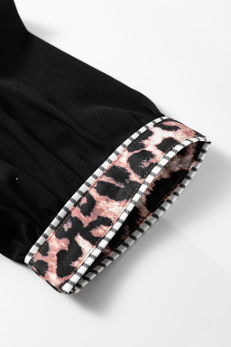 Black V Neck Short Puff Sleeve Contrast Striped Leopard Trim Button Down Shirt