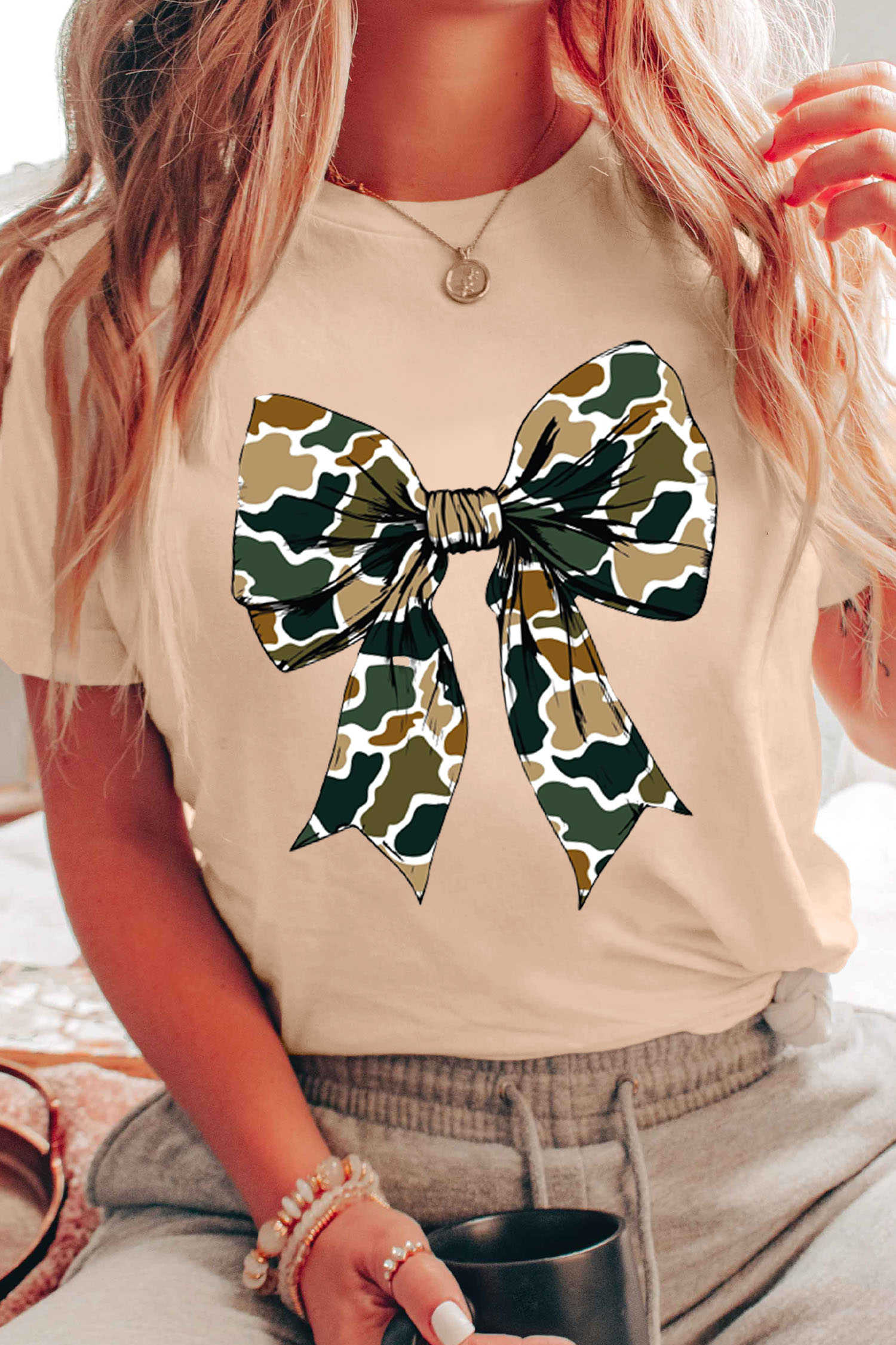 Khaki Camouflage Big Bow Print Womens Casual Tee