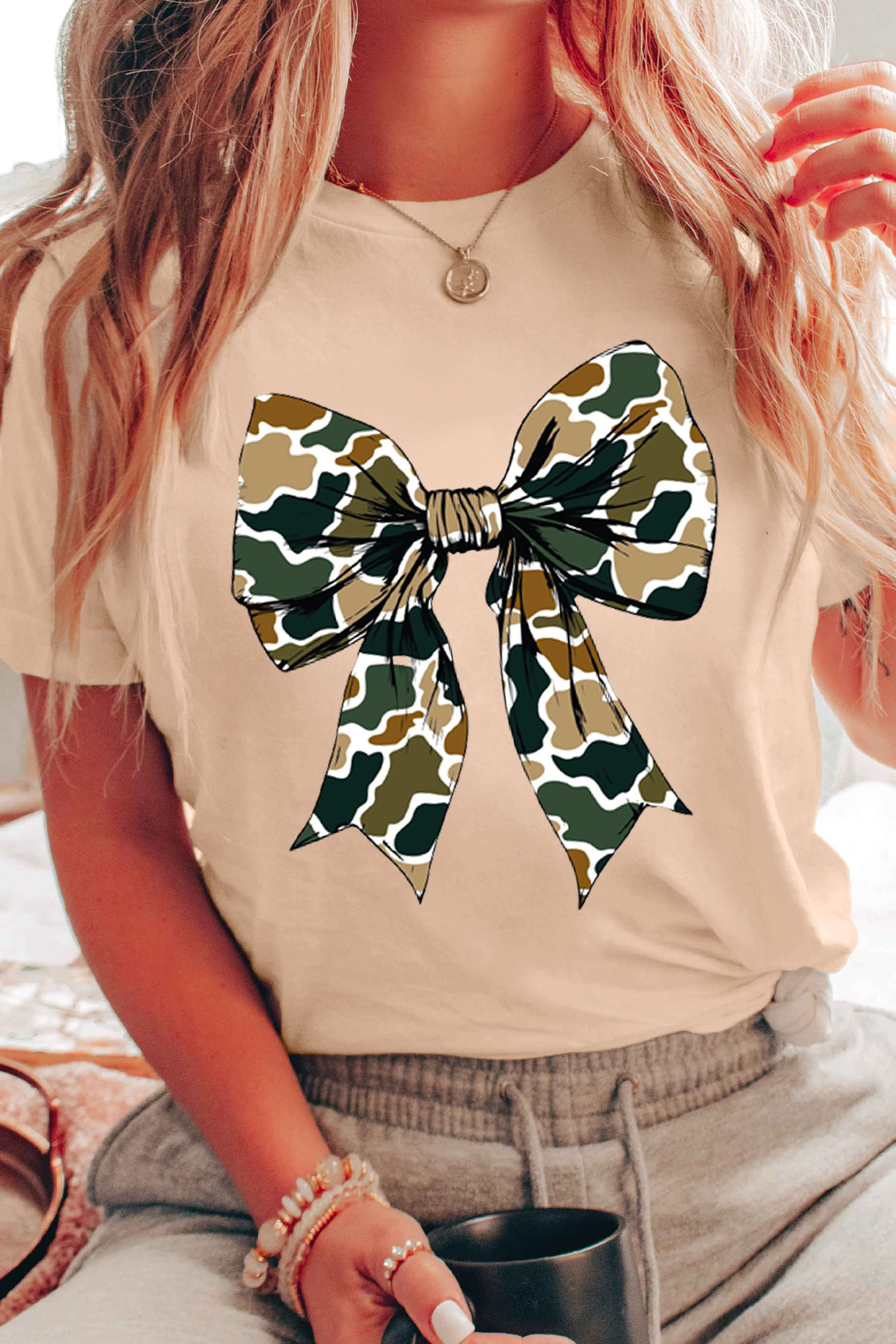 Khaki Camouflage Big Bow Print Womens Casual Tee