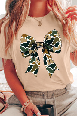 Khaki Camouflage Big Bow Print Womens Casual Tee
