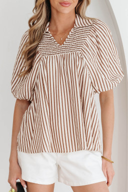 Brown Stripe Shirred V Neck Short Puff Sleeve Blouse