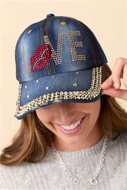 Ashleigh Blue Rhinestone Embellished LOVE Lip Denim Baseball Cap