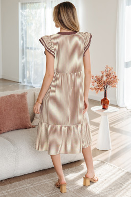 Brown Stripe Double Ruffled Short Sleeve Contrast Trim V Neck Midi Dress