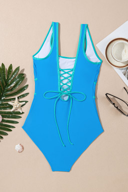 Blue Contrast Trim Lace-up Back One Piece Swimsuit