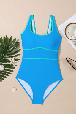 Blue Contrast Trim Lace-up Back One Piece Swimsuit