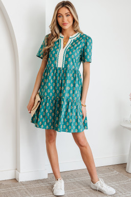 Green Contrast Trim V Neck Short Sleeve Floral Dress