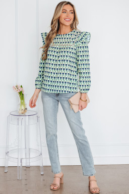 Green Floral Print Lace Detail Ruffle Trim Long Sleeve Blouse