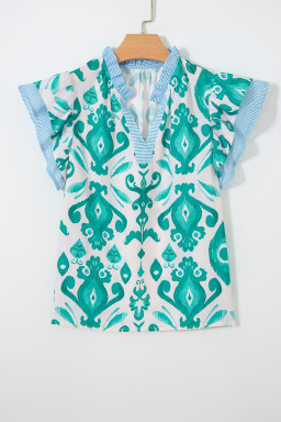 Sky Blue Ethnic Print Striped Trim Flutter Sleeve Top