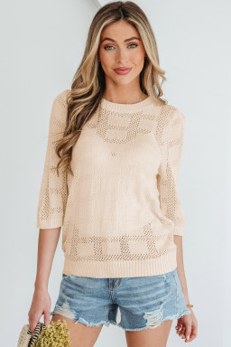 Apricot Plaid Pattern Crochet Knit Short Sleeve Sweater