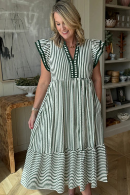 Green Stripe Double Ruffled Short Sleeve Contrast Trim V Neck Midi Dress