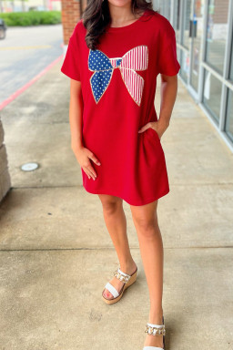 Fiery Red Sequin Trim Stars and Stripes Bow Patched T Shirt Mini Dress