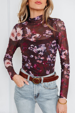 Brown High Neck Ruched Floral Mesh Top