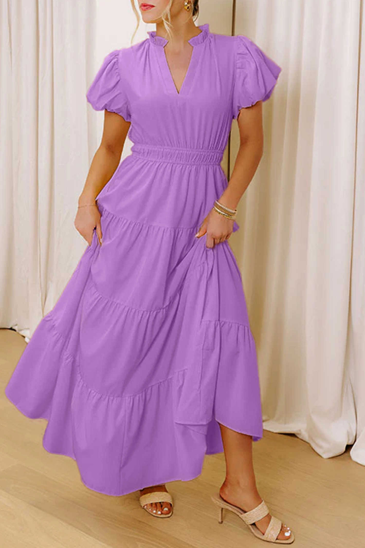 Lavendula Solid Color V Neck Short Puff Sleeve High Waist Tiered Maxi Dress