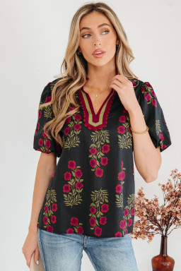 Black Floral Short Bubble Sleeve Contrast Slit Neckline Blouse